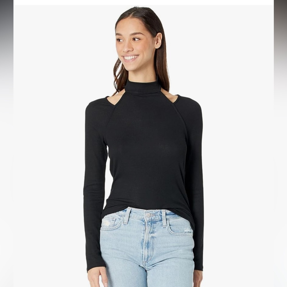 PAIGE Women's Beatriz Top Turtle Neck Cut Out on Shoulder Long Sleeve in Black